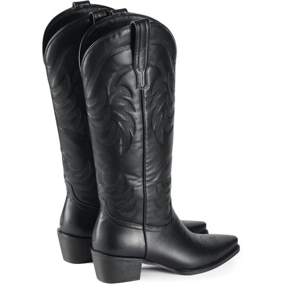 🆕Women's Black Calf High Pointed Toe And Block Heel Suede And Faux Leather Boot - Picture 10 of 10